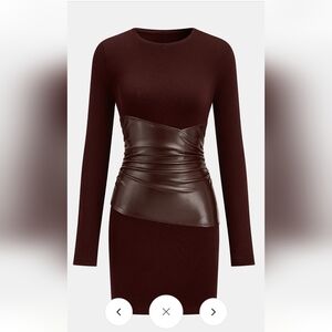 Chic Burgundy Long Sleeve Dress with Faux Leather Detail